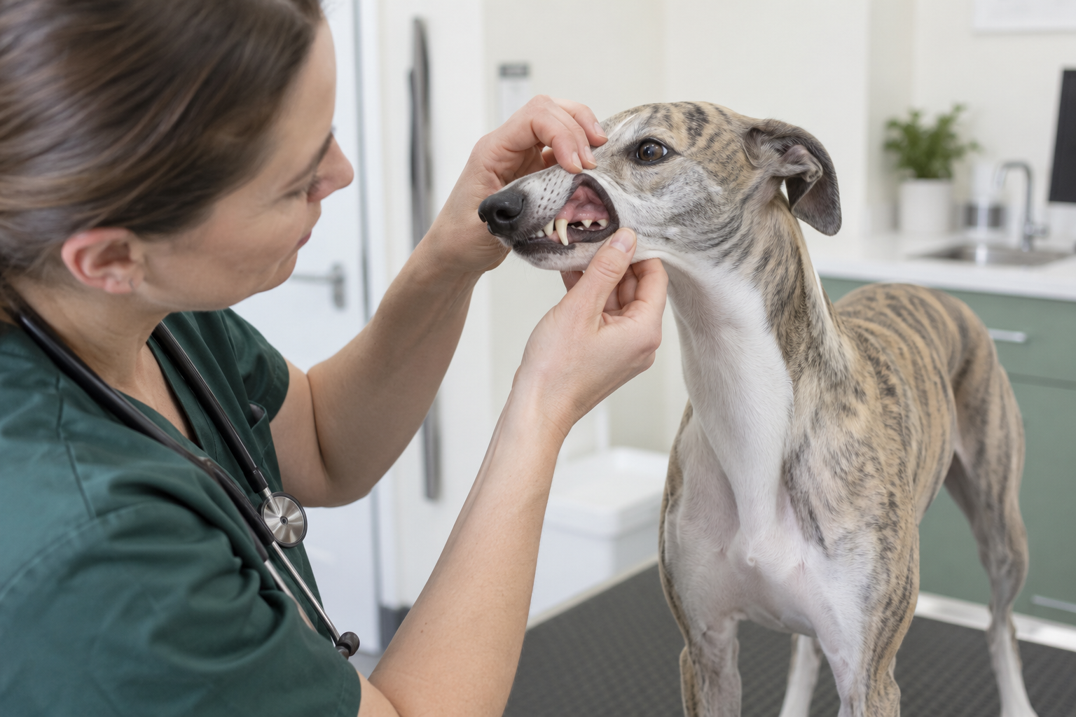 Veterinárka kontroluje zuby vipeta pri vyšetrení bolestivej papule
